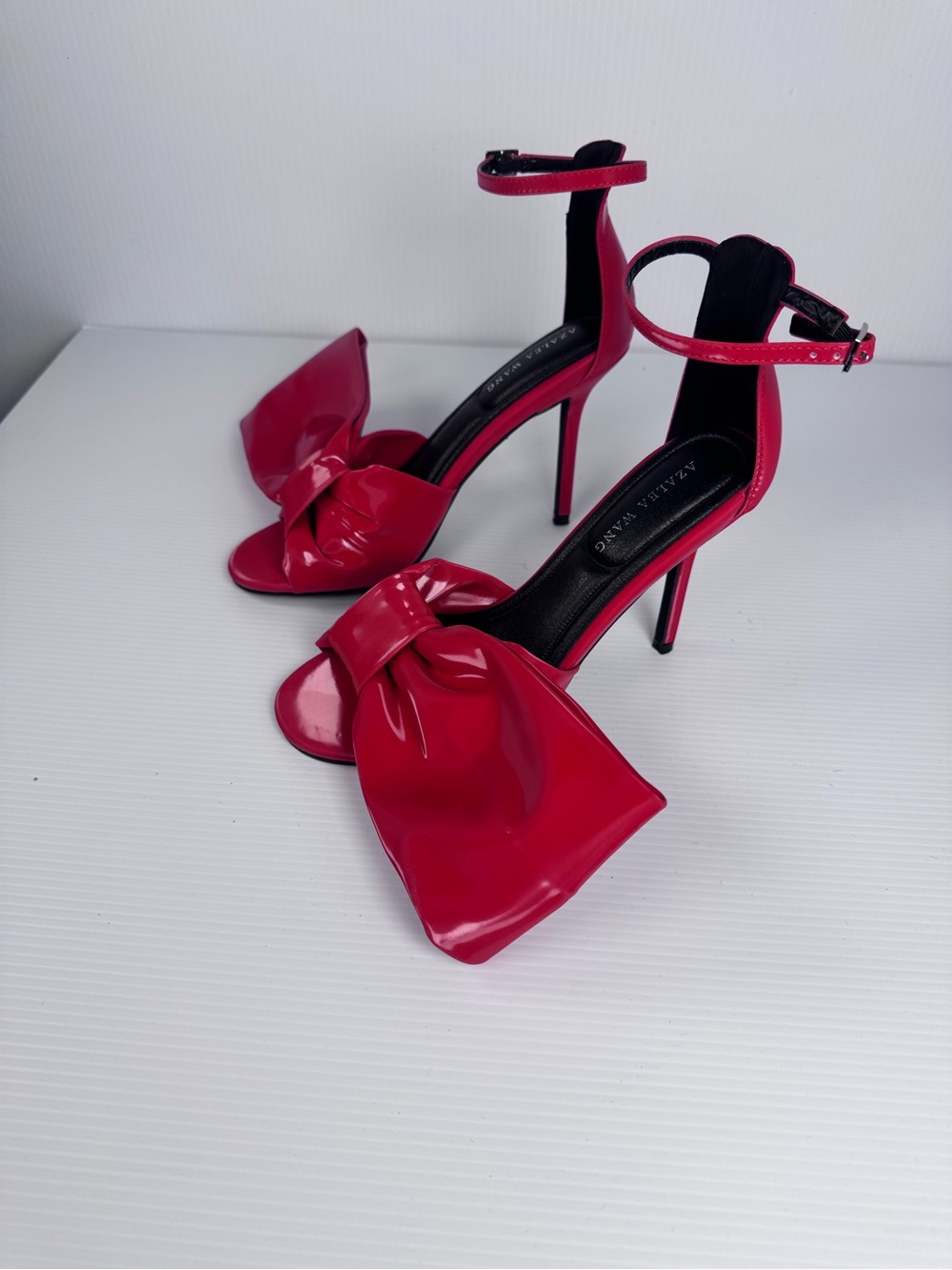 Azalea Wang Red Patent Bow Heels Ankle Strap Stiletto Sandals NIB Sz 6.5, 7, 8